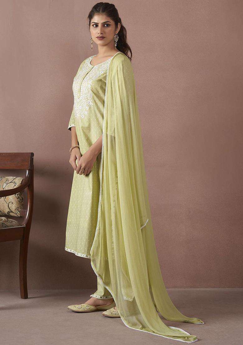 Lime Green Embroidered Cotton Kurta Set - Indya