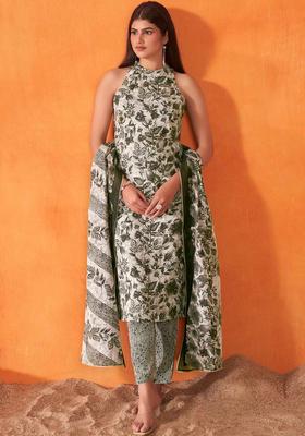 Olive Printed Viscose Kurta Set