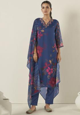 Navy Blue Printed Organza Kurta Set