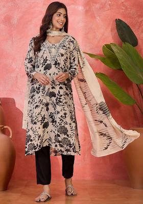 Cream Printed Silk Kurta Set