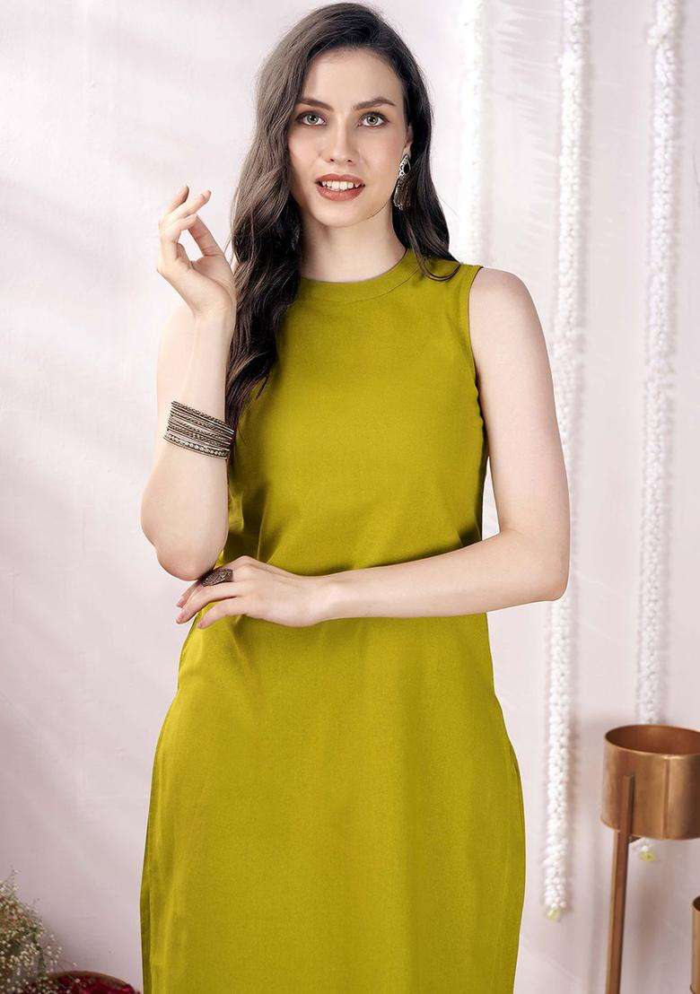 Lime Green Solid Cotton Kurta Set - Indya