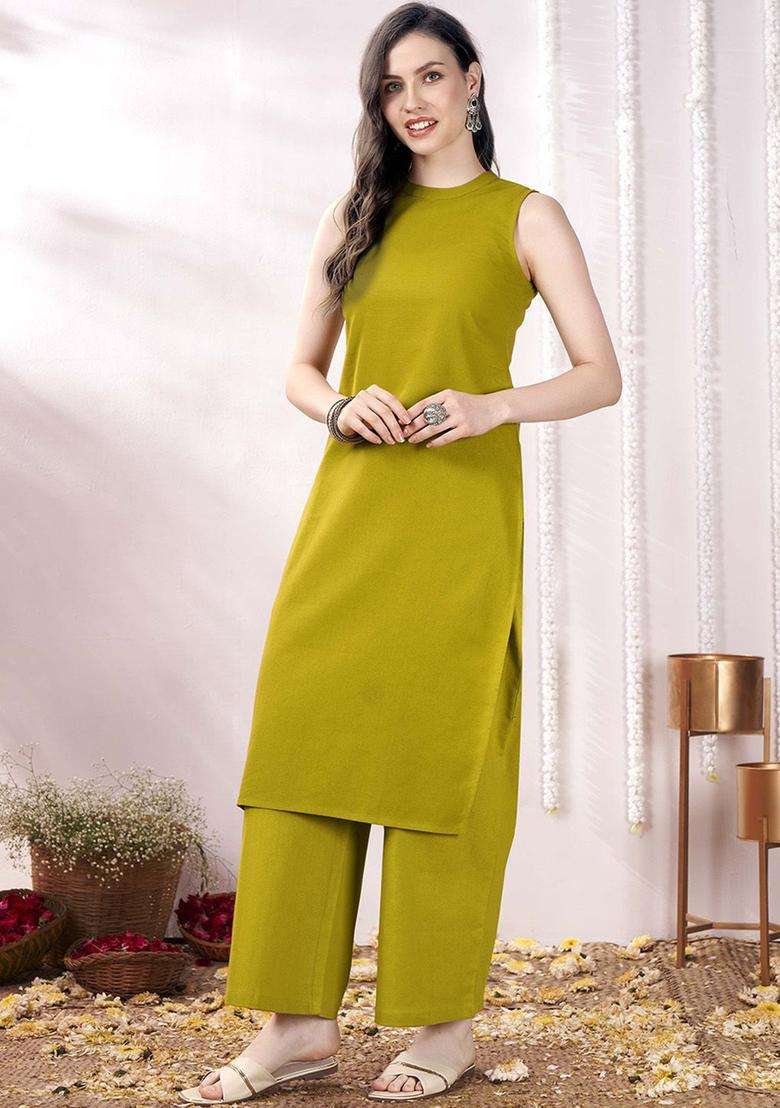 Lime Green Solid Cotton Kurta Set - Indya