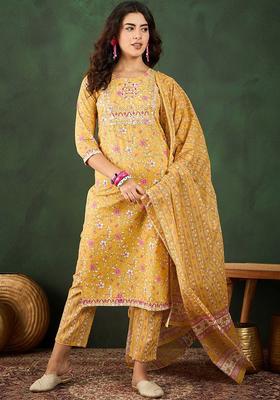 Yellow Printed Cotton Kurta Set