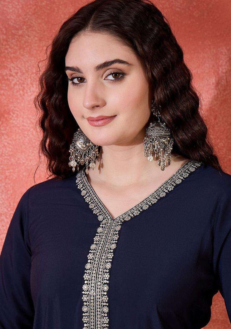 Navy Blue Yoke Design Silk Kurta Set - Indya