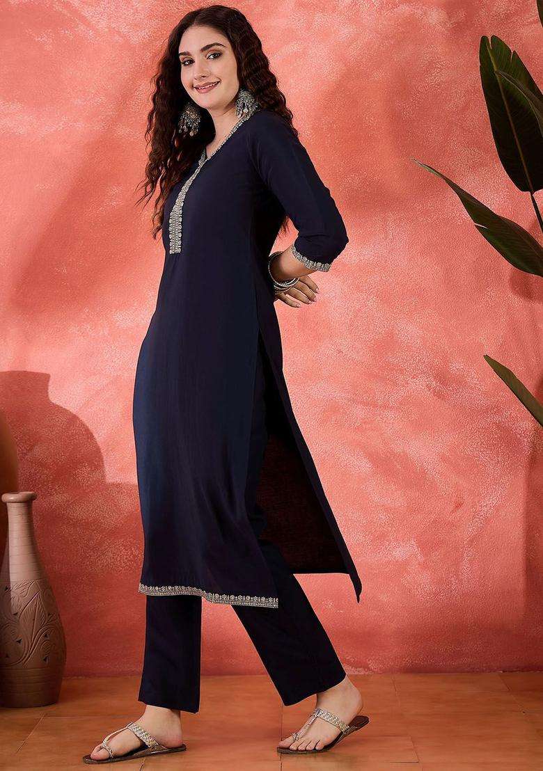 Navy Blue Yoke Design Silk Kurta Set - Indya