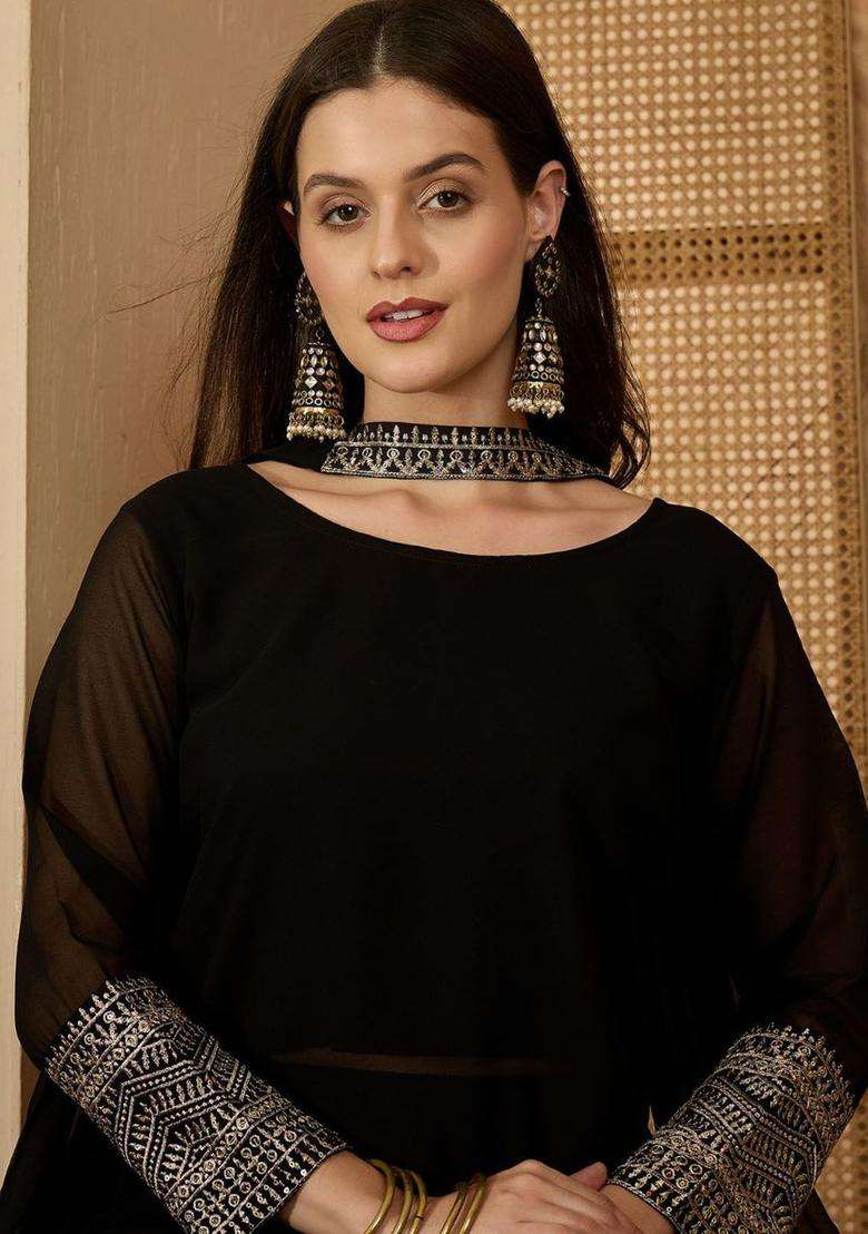 Black Embroidered Georgette Kurta Set - Indya