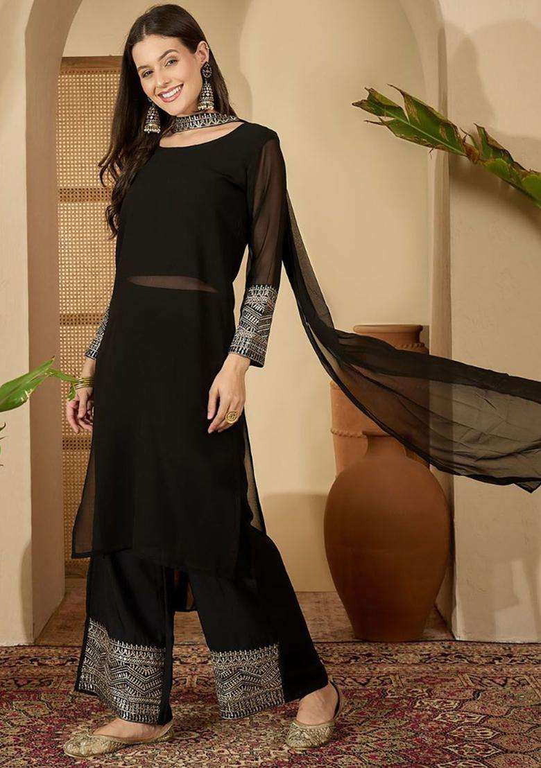 Black Embroidered Georgette Kurta Set - Indya