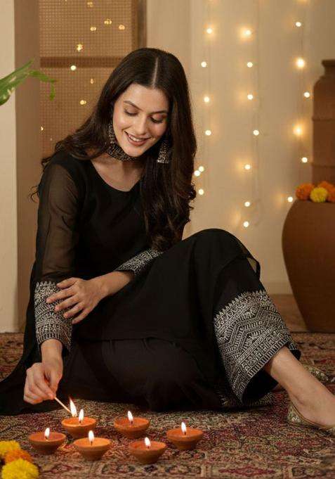 Black Embroidered Georgette Kurta Set
