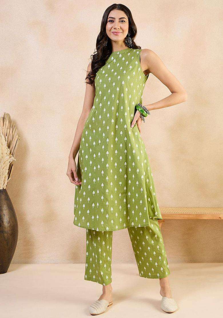 Green Printed Cotton Kurta Set - Indya