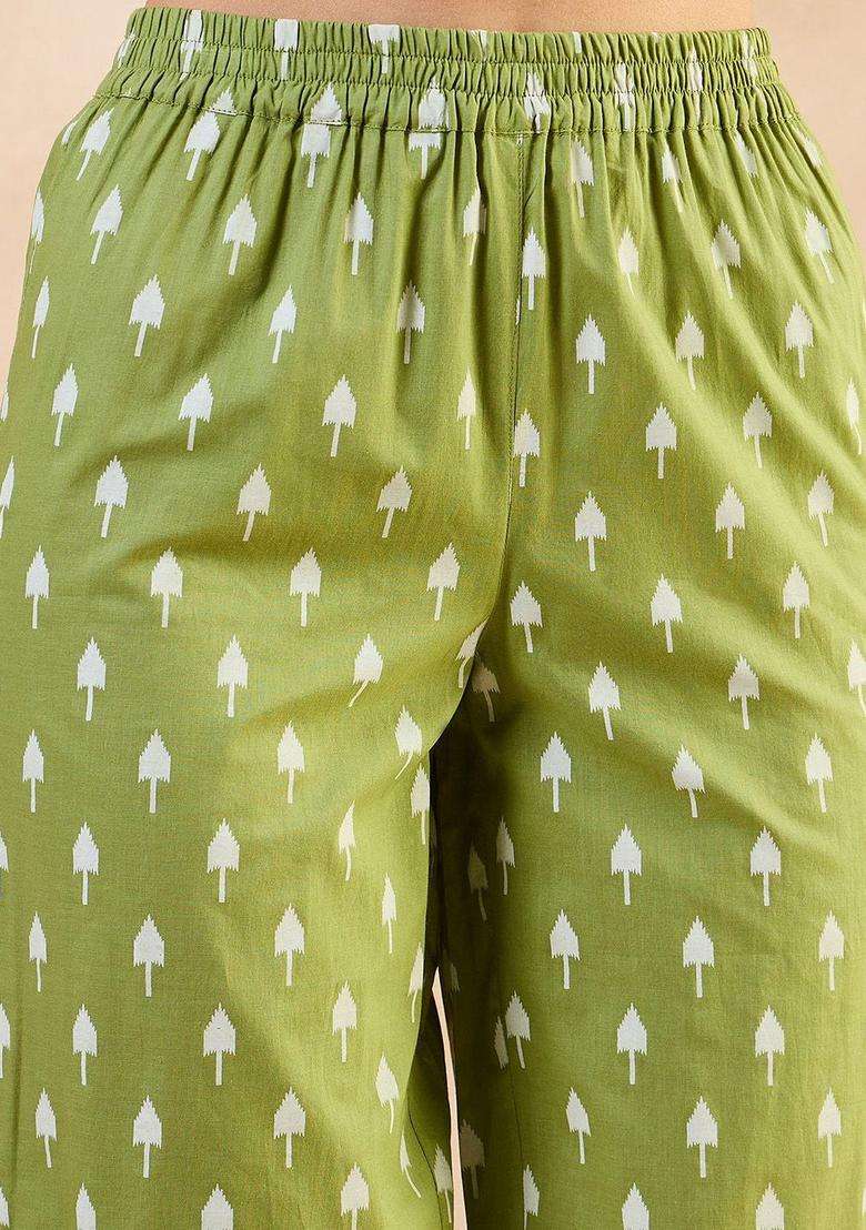 Green Printed Cotton Kurta Set - Indya