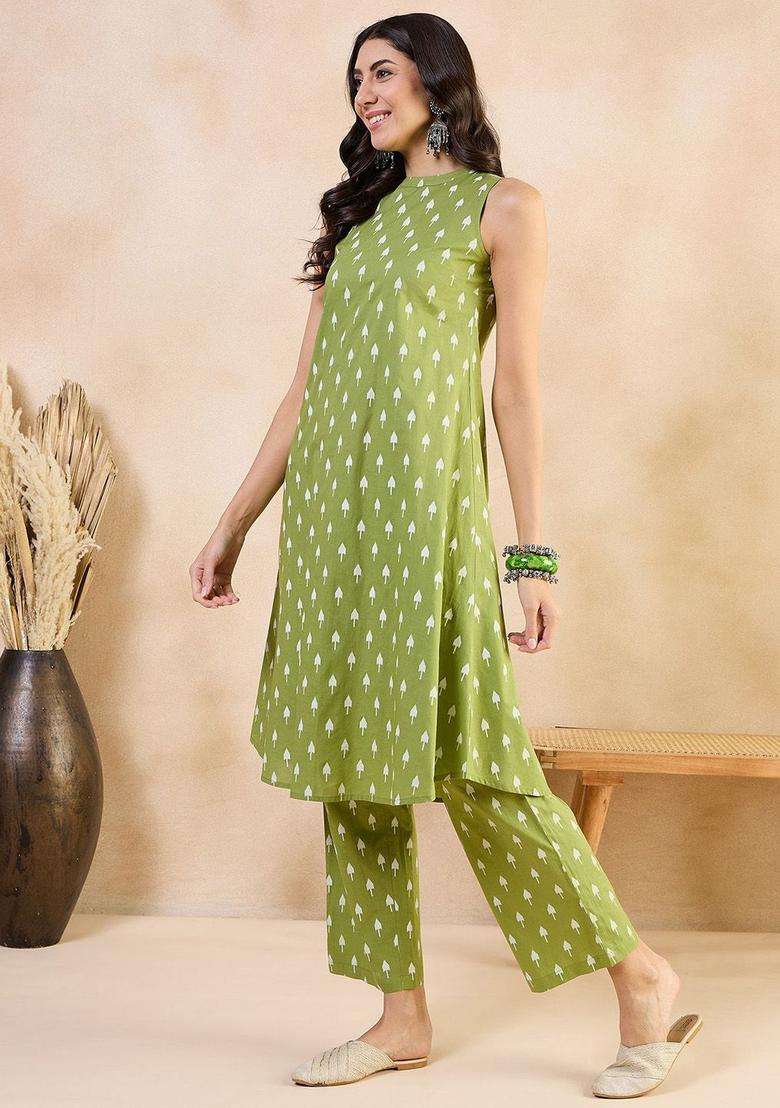 Green Printed Cotton Kurta Set - Indya