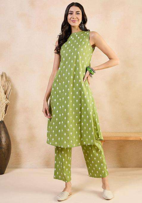 Green Printed Cotton Kurta Set