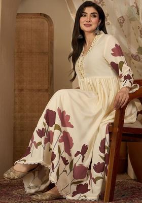 Off White Printed Viscose Kurta Set