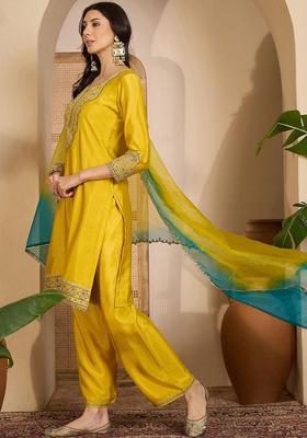 Yellow Embroidered Silk Kurta Set