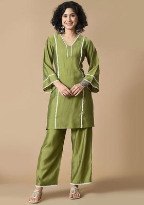 Green Solid Silk Kurta Set