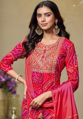 Pink Printed Viscose Kurta Set