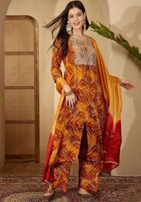 Mustard Printed Viscose Kurta Set