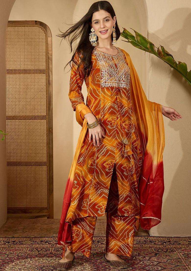 Mustard Printed Viscose Kurta Set - Indya