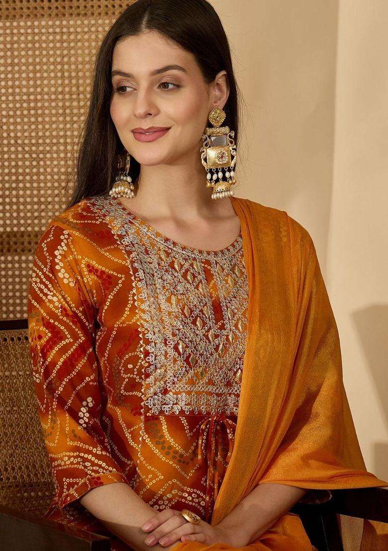 Mustard Printed Viscose Kurta Set - Indya