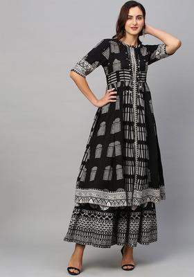 Black Printed Cotton Kurta Set