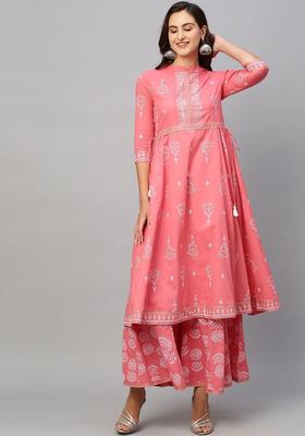 Pink Printed Cotton Anarkali Set