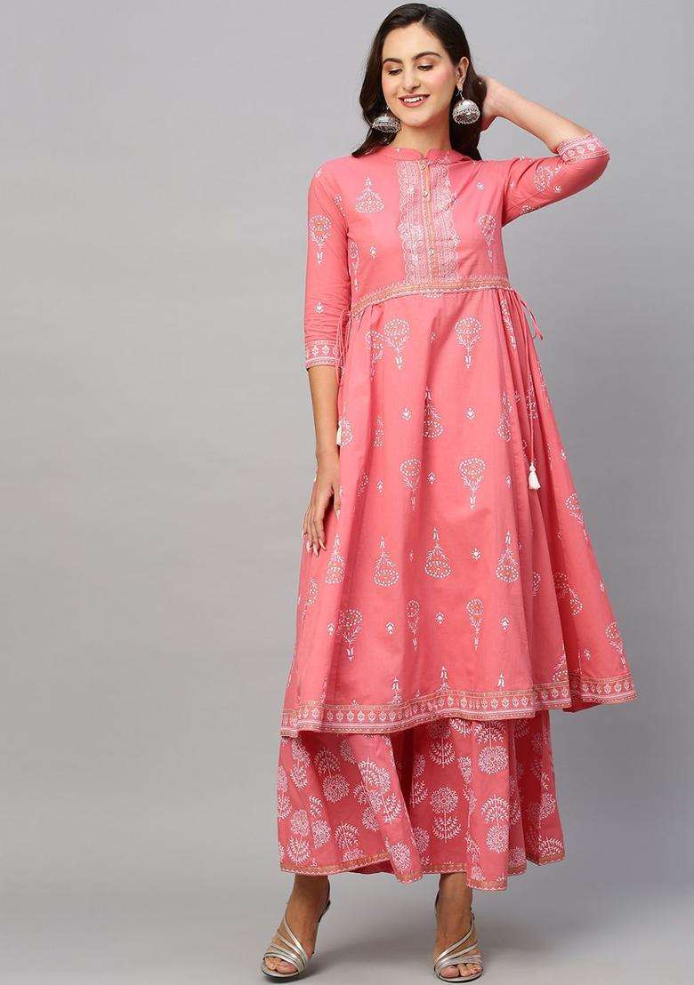 Pink Printed Cotton Anarkali Set - Indya