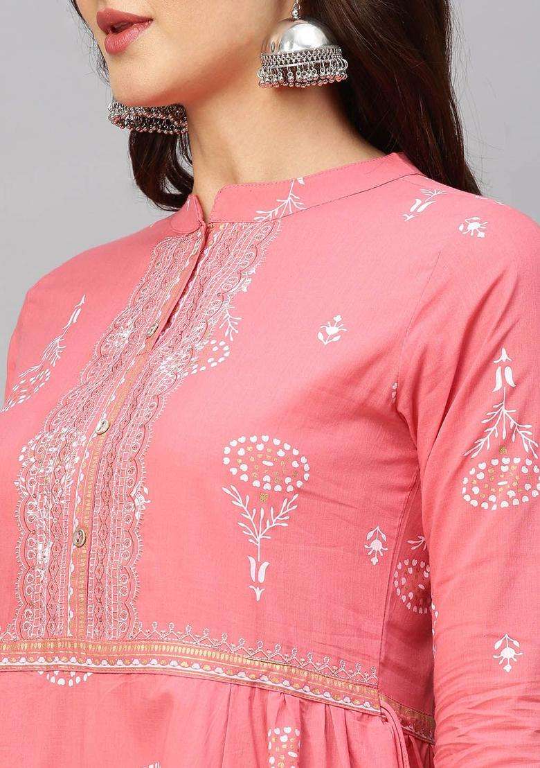 Pink Printed Cotton Anarkali Set - Indya