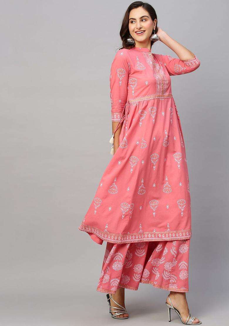 Pink Printed Cotton Anarkali Set - Indya