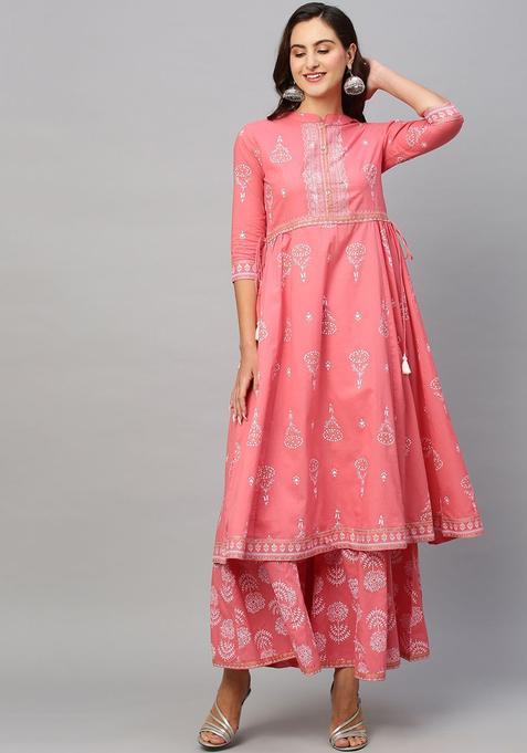 Pink Printed Cotton Anarkali Set — view on Indya