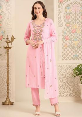 Pink Embroidered Cotton Kurta Set