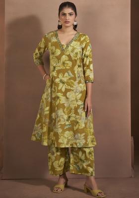 Mustard Printed Cotton Kurta Set