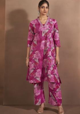 Magenta Printed Cotton Kurta Set