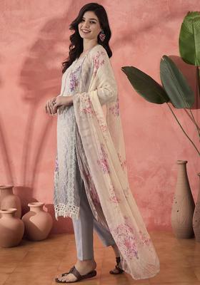 Grey Printed Silk Kurta Set
