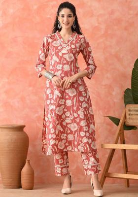 Rust Printed Cotton Kurta Set
