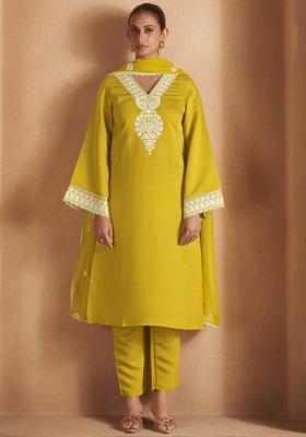 Yellow Embroidered Polyester Kurta Set