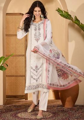 Off White Printed Silk Kurta Set