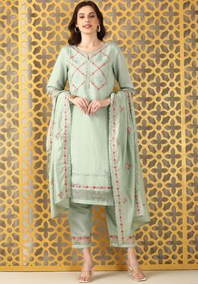 Sea Green Embroidered Chanderi Kurta Set