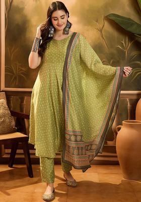 Green Printed Silk Anarkali Set