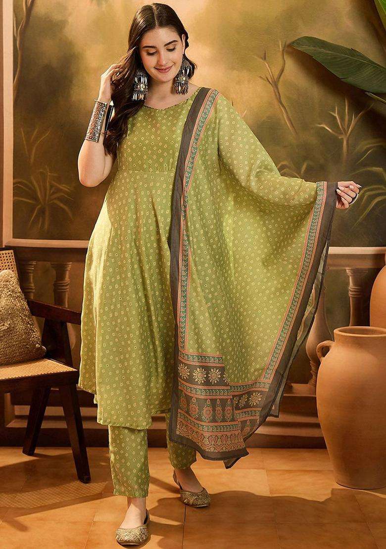 Green Printed Silk Blend Anarkali Set - Indya