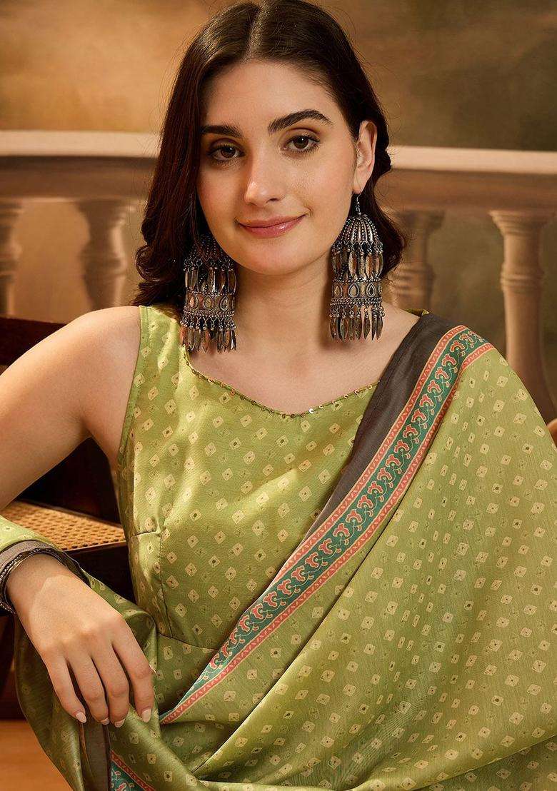 Green Printed Silk Blend Anarkali Set - Indya