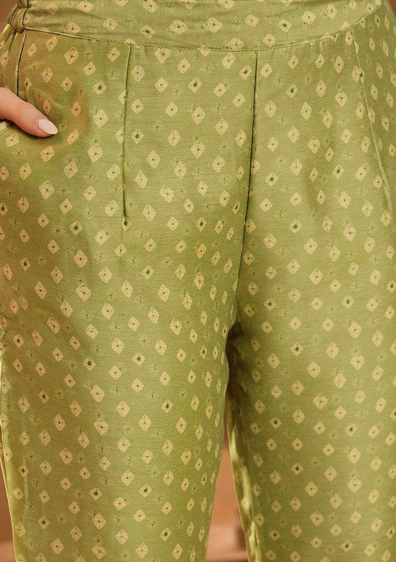Green Printed Silk Blend Anarkali Set - Indya