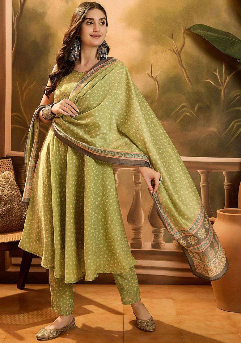 Green Printed Silk Blend Anarkali Set - Indya