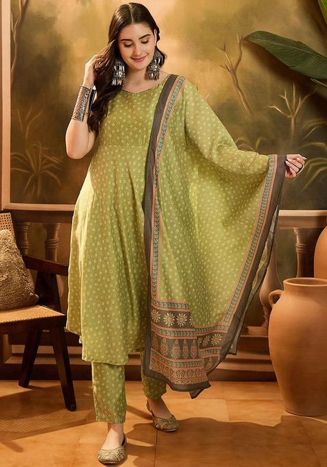 Green Printed Silk Anarkali Set — view on Indya
