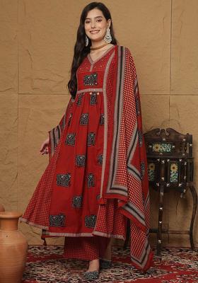 Maroon Printed Cotton Kurta Set