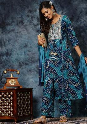 Teal Printed Viscose Kurta Set