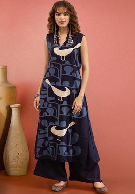 Navy Blue Printed Cotton Kurta Set