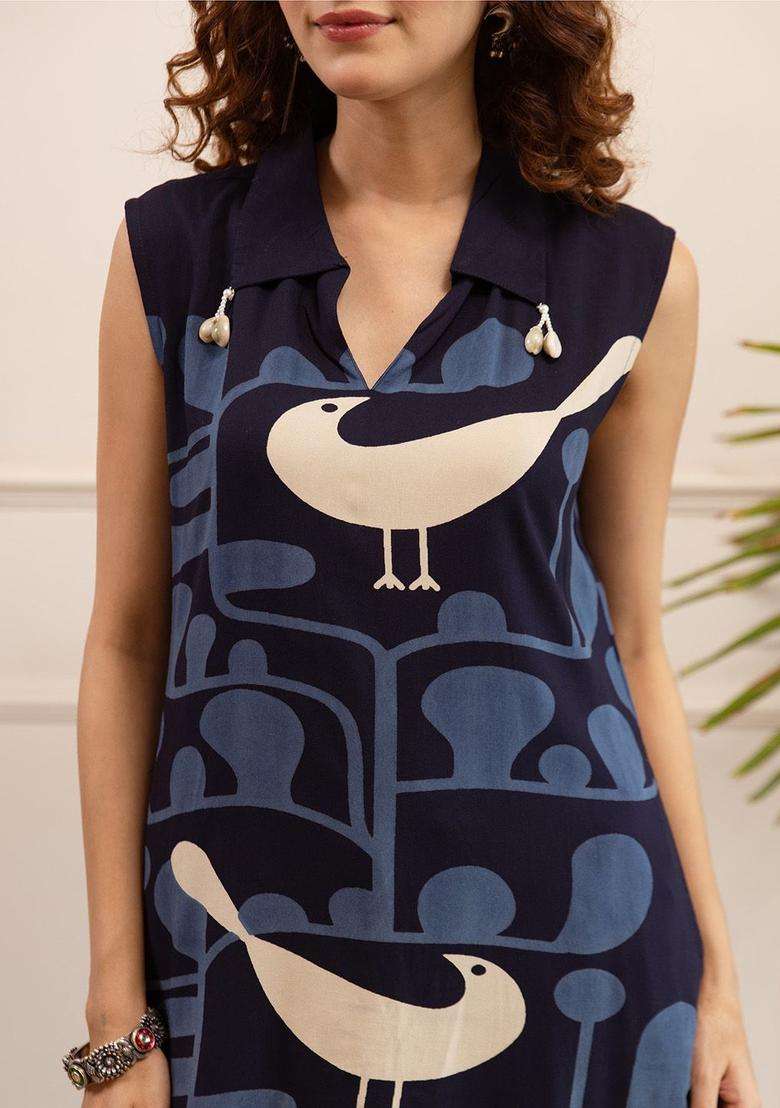 Navy Blue Printed Cotton Kurta Set - Indya