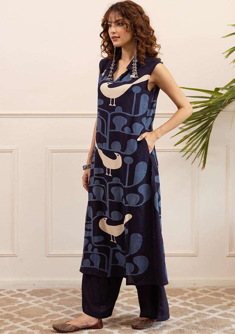 Navy Blue Printed Cotton Kurta Set - Indya