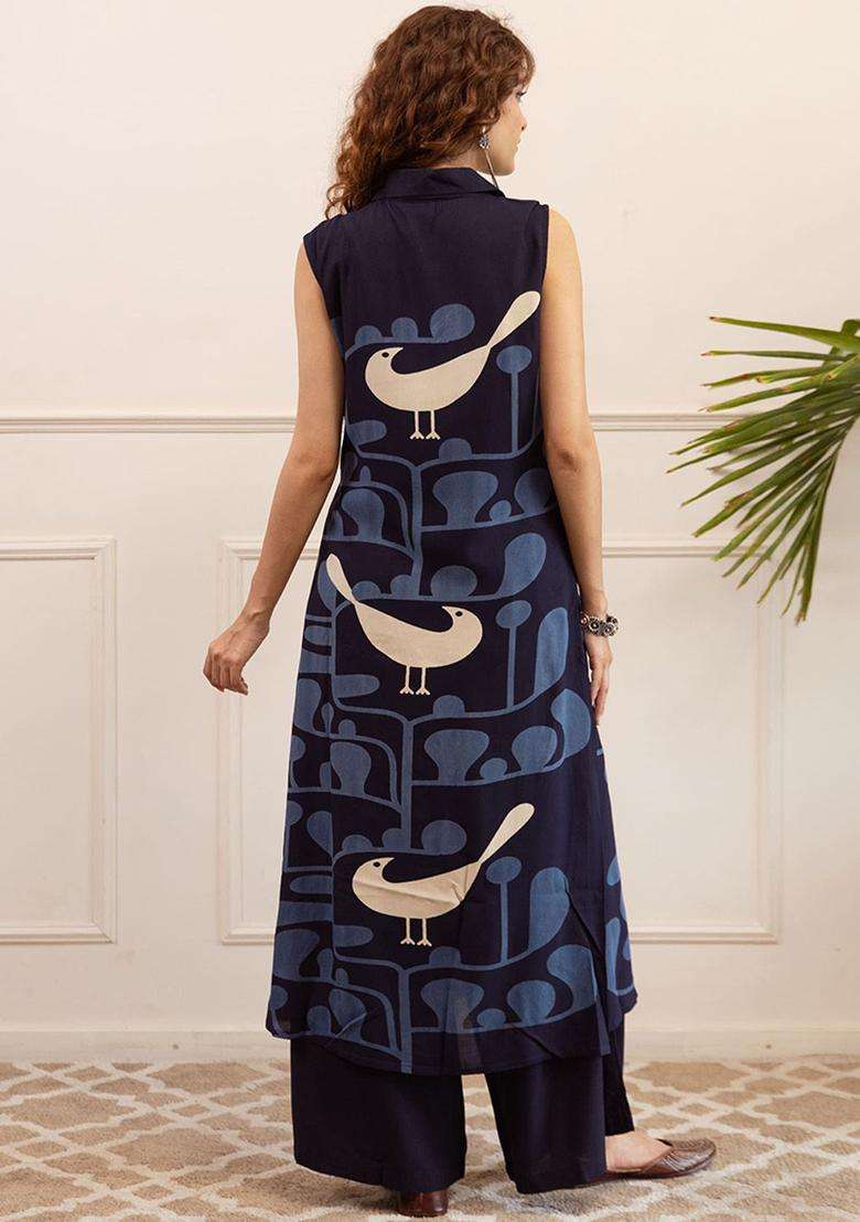 Navy Blue Printed Cotton Kurta Set - Indya