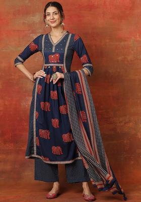 Blue Printed Cotton Anarkali Set